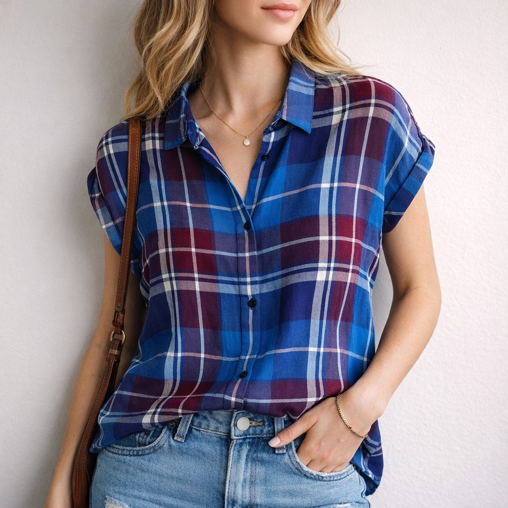 Icône Simons Blue Plaid Rayon Button Front Blouse Petite Small